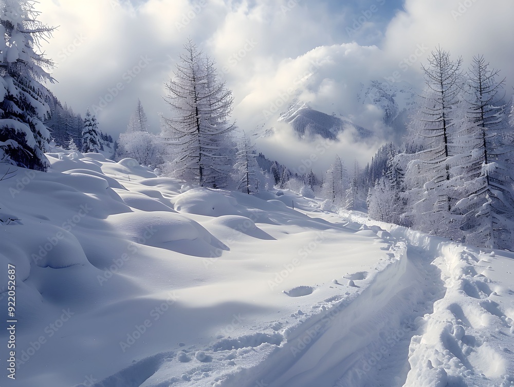 Obraz premium Snow-covered landscape with trees and distant mountains under a cloudy sky in winter