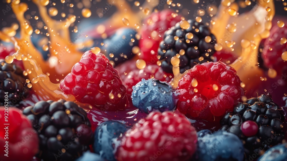 Fresh berries splashing in juice with bright droplets captured in natural light Fresh berries splashing in juice with bright droplets captured in natural light