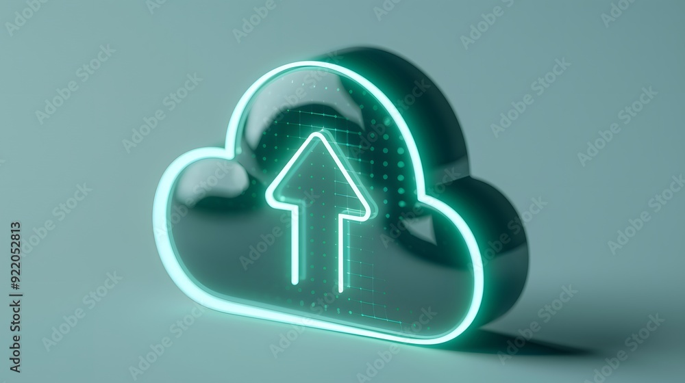 Futuristic glowing cloud icon with upload arrow, symbolizing data transfer and cloud computing, on a sleek blue gradient background. Futuristic glowing cloud icon with upload arrow, symbolizing data transfer and cloud computing, on a sleek blue gradient background.