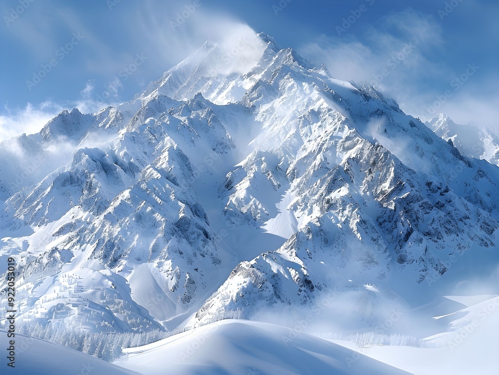 Naklejka premium Snow-covered mountain peaks surrounded by clouds on a clear winter day
