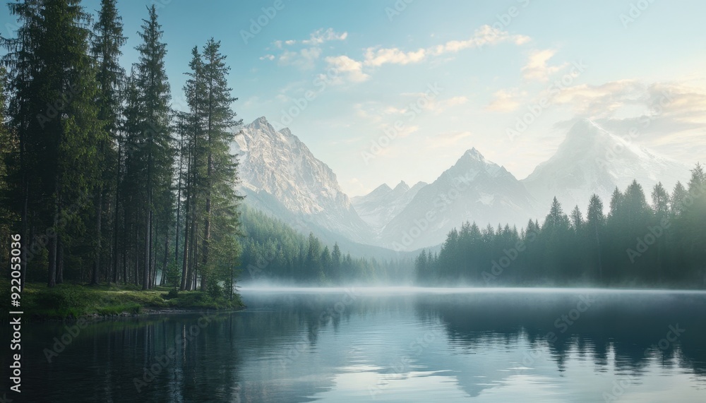 Serene lake reflecting mountains under a clear sky in the early morning light Serene lake reflecting mountains under a clear sky in the early morning light