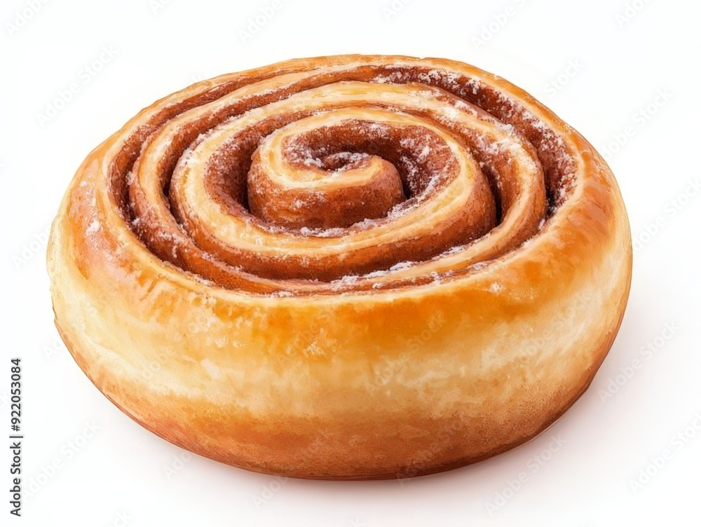 Fototapeta premium A close-up of a freshly baked cinnamon roll pastry, glazed and dusted with sugar, set against a white background.