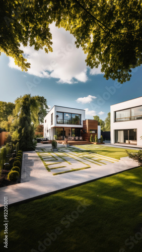 Modern house architecture outdoors backyard.