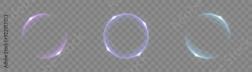 Glowing purple circle on transparent background. Glowing ring with bright backlight. Round purple glow frame with bright shine. Luxury element for advertising. Vector