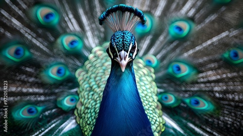 Elegant Peacock s Magnificent Feathers Spread in Vibrant Teal and Blue Hues photo