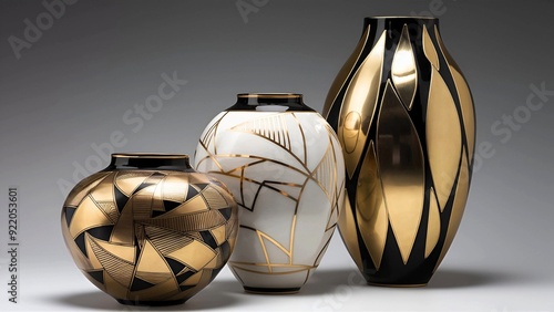 A striking collection of art deco vases in gold and black, perfect for adding a touch of modern luxury to any space.