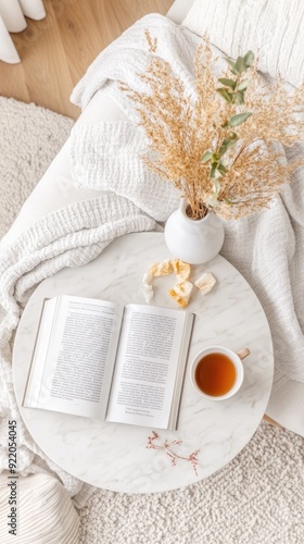 A warm living room showcases a round coffee table with teacups, a beige blanket draped over a couch, and a green plant on a light parquet floor in a Scandinavian setting