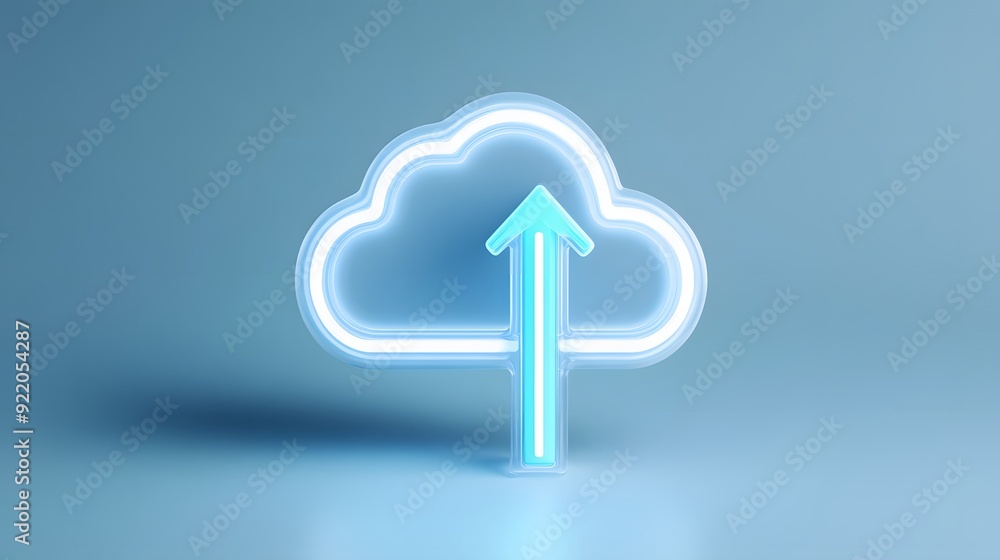 Glowing cloud icon with an upward arrow, representing cloud computing, data transfer, and digital technology in a blue light setting. Glowing cloud icon with an upward arrow, representing cloud computing, data transfer, and digital technology in a blue light setting.