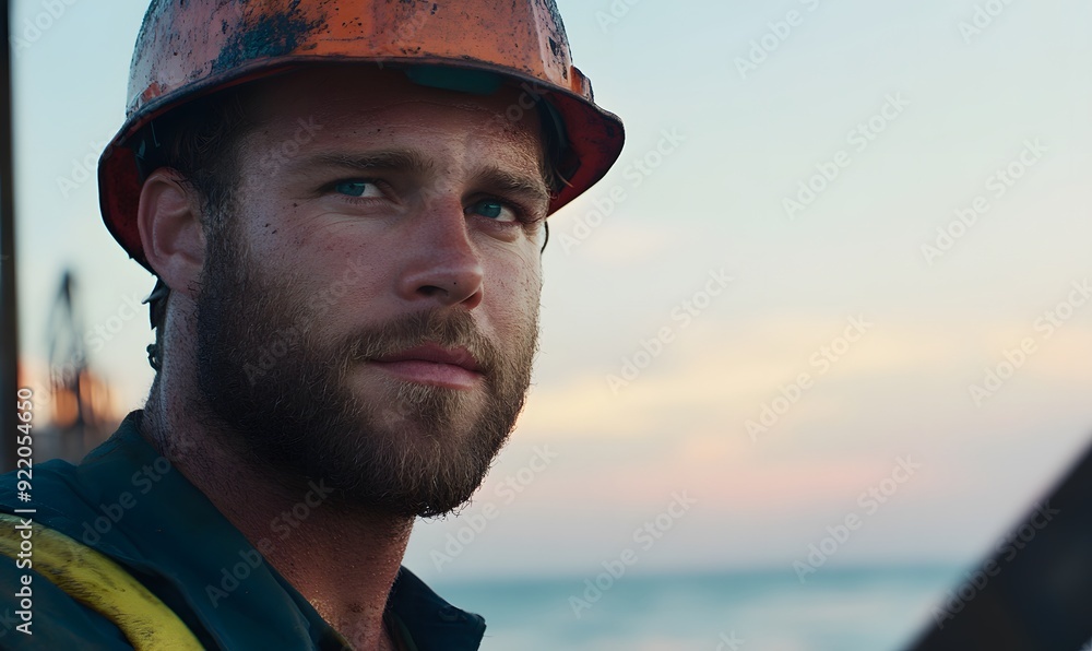 The man has a rugged appearance, accentuated by his work as an oil rig worker, Generative AI The man has a rugged appearance, accentuated by his work as an oil rig worker, Generative AI