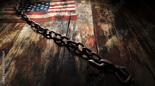 A symbolic photograph of a broken chain lying on a weathered wooden surface, next to a small American flag, representing the breaking of oppression and the fight for freedom and justice, with a