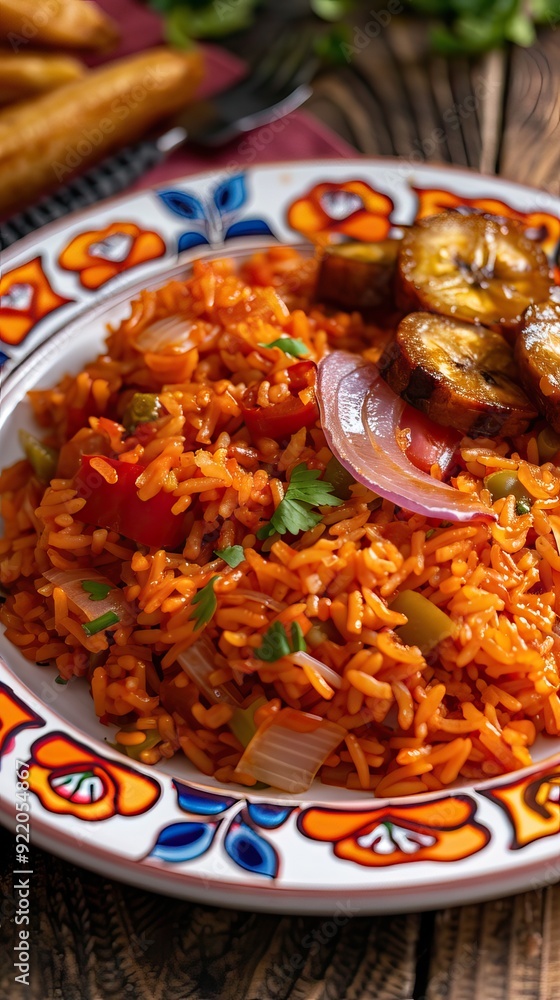 Jollof rice on a white plate, homemade nigerian jollof rice on a plate