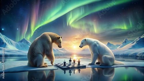 Polar Bear and Penguin Chess on Melting Ice Under Northern Lights.