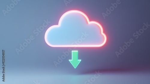 Glowing neon cloud download icon on a minimalist background, representing modern technology and data storage solutions.