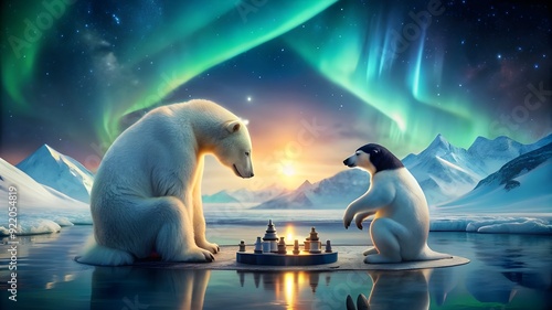 Polar Bear and Penguin Chess on Melting Ice Under Northern Lights.