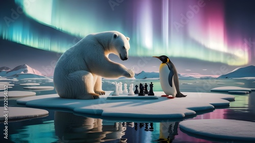 Polar Bear and Penguin Chess on Melting Ice Under Northern Lights.
