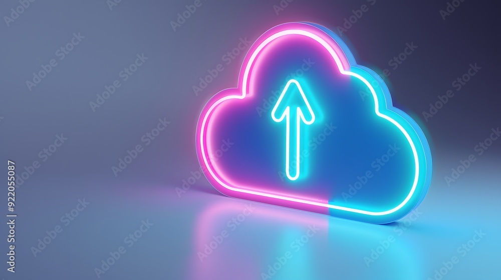 Glowing neon cloud upload icon in blue and pink hues representing cloud storage and data transfer on a gradient background. Glowing neon cloud upload icon in blue and pink hues representing cloud storage and data transfer on a gradient background.