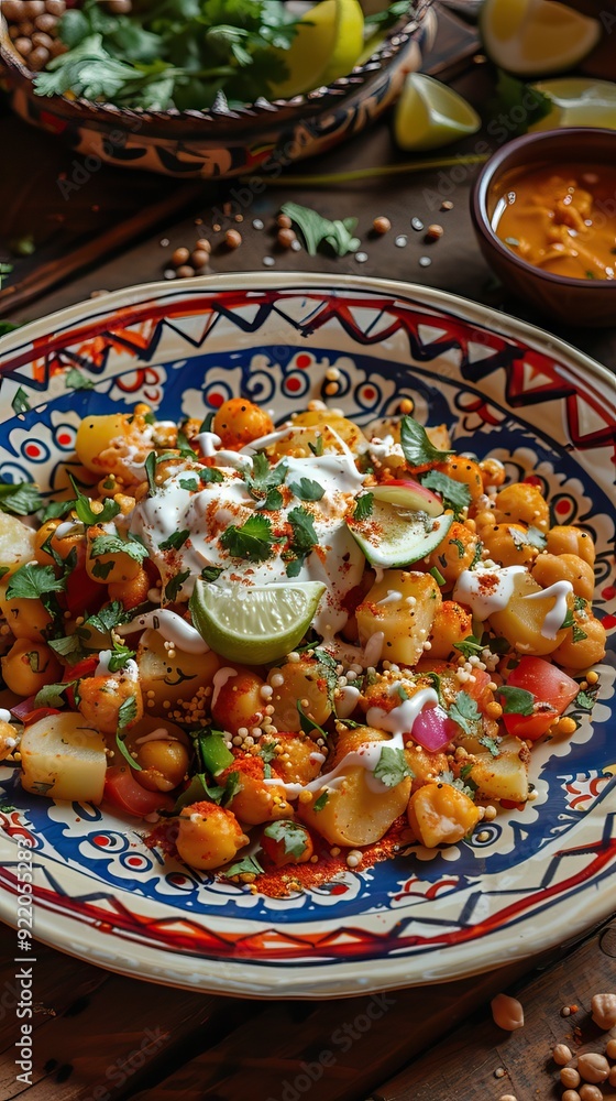 Naklejka premium Sev puri - Indian snack and a type of chaat. Popular in Mumbai pune from Maharashtra. it's a roadside food also served as a starter in restaurants. AI generated illustration