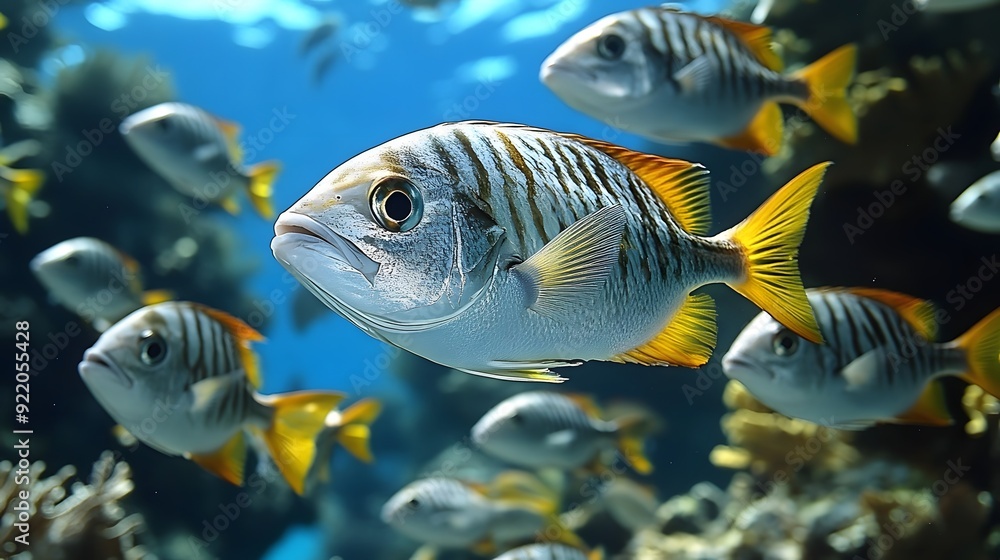 Naklejka premium A school of fish swimming in a tank. The fish are mostly silver and yellow, with some blue stripes