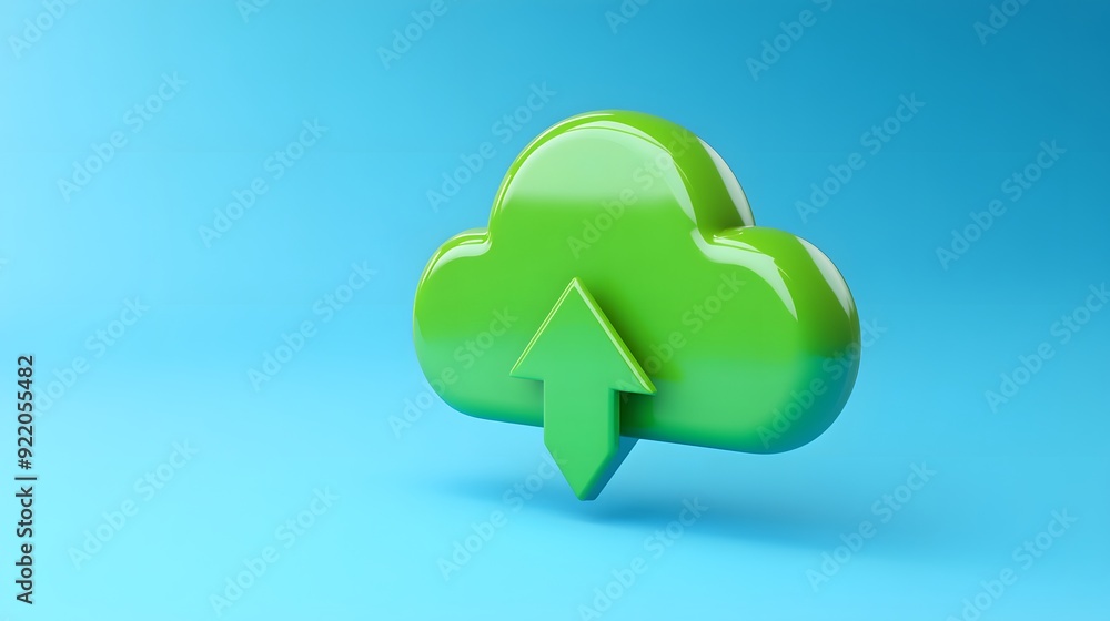 Green cloud upload icon on blue background. Digital data storage and cloud computing concept. 3D illustration. Green cloud upload icon on blue background. Digital data storage and cloud computing concept. 3D illustration.