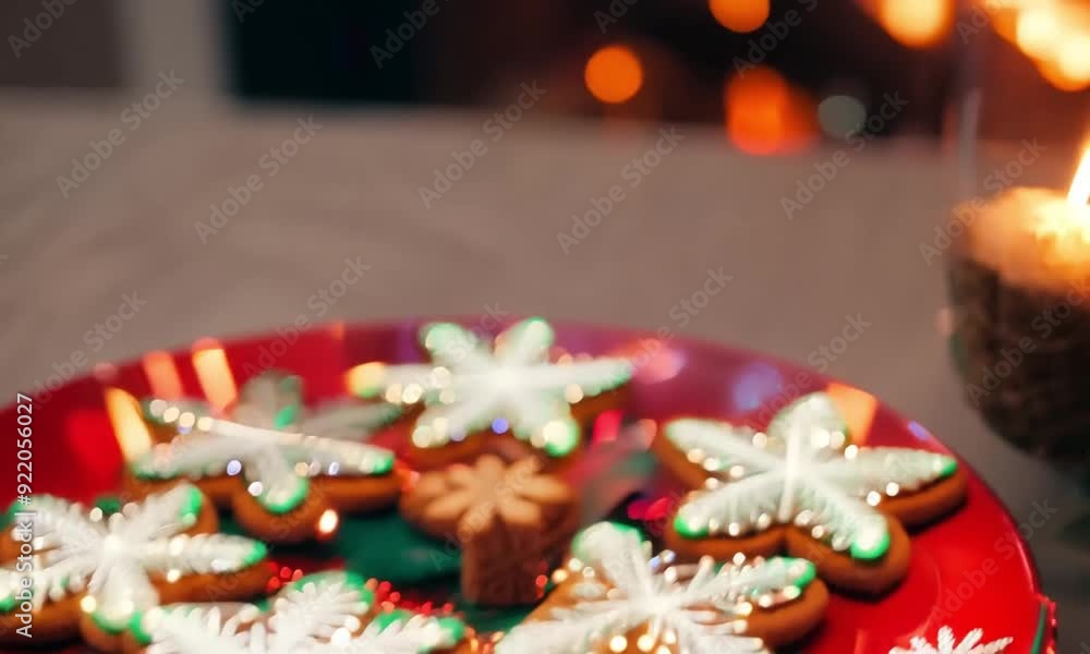 A Christmas holiday plate of decorated gingerbread snowflake cookies, each cookie sparkling with white icing and shimmering silver sprinkles A Christmas holiday plate of decorated gingerbread snowflake cookies, each cookie sparkling with white icing and shimmering silver sprinkles