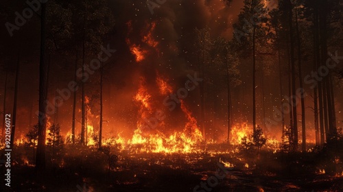 A large forest fire engulfs trees in a dense forest during nighttime, creating a vivid display of flames and smoke