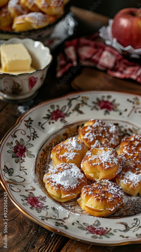 Homemade Dutch Poffertjes Pancakes with Powdered Sugar. AI generated illustration Homemade Dutch Poffertjes Pancakes with Powdered Sugar. AI generated illustration