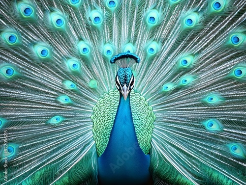 Magnificent Peacock Showcasing Its Vibrant Teal and Blue Feathers in a Stunning Display of Nature s Beauty photo