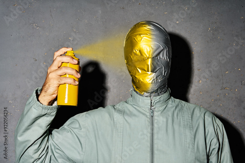 Cuadro en lienzo Mystery crazy man with duct tape face paints his face with spray paint can over