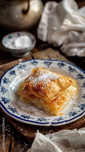 Greek pastry Bougatsa with phyllo dough and semolina custard cream. AI generated illustration photo