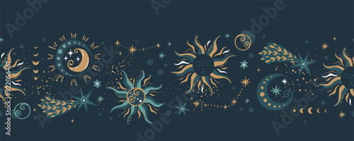 Trendy celestial seamless pattern, spiritual background hand drawn, stars, moon, space, great for textiles, wallpapers, surfaces - vector design