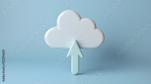 Minimalistic cloud upload icon, symbolizing data transfer and cloud computing on a soft blue background, highlighting technology and storage. photo