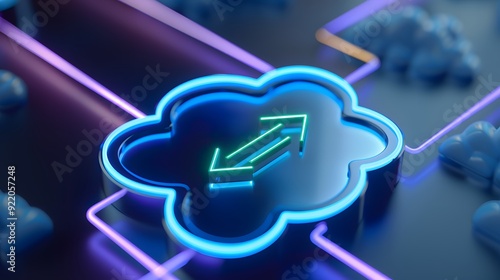 Neon cloud computing concept with arrows representing data transfer, illuminated in vibrant blue and purple, symbolizing AI and futuristic technology. photo