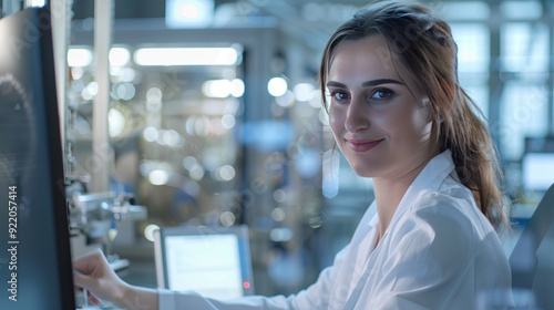 Beautiful woman working as an industrial process technician, sitting at a computer with the factory floor in the background Free Download Beautiful woman working as an industrial process technician, sitting at a computer with the factory floor in the background - GFXLoad