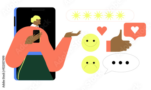 Customer experience, feedback or comment, opinion on product and service, user satisfaction positive or negative feedback concept, woman on mobile giving experience rating.