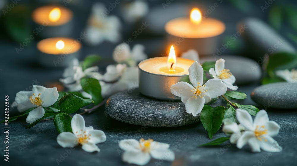 Candles and flowers on stones with white jasmine blossoms, AI Candles and flowers on stones with white jasmine blossoms, AI