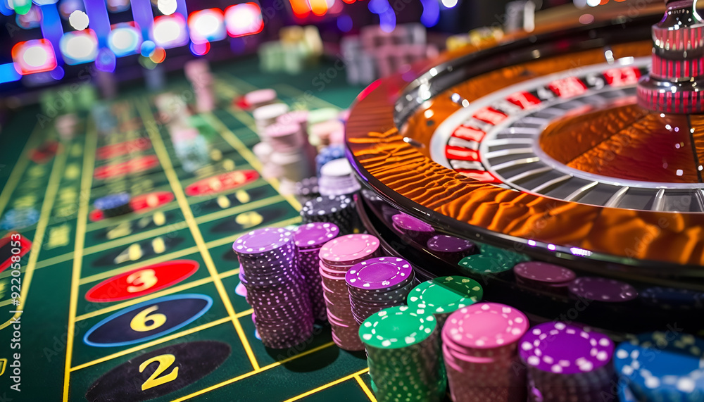 Collage of casino images with a close-up vibrant image of multicolored casino roulette table with poker chips Collage of casino images with a close-up vibrant image of multicolored casino roulette table with poker chips