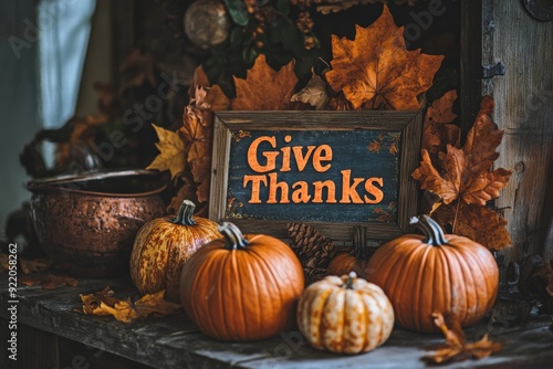 Colorful pumpkins and vibrant autumn leaves surround a Give Thanks sign, creating a warm seasonal atmosphere photo