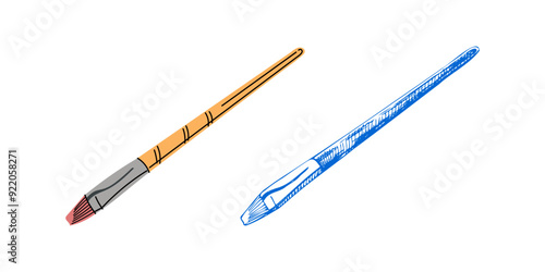 Vector hand-drawn and flat style school and art supplies Illustration. Detailed retro style brush for drawing sketch. Vintage sketch element. Back to School. School essential illustration.