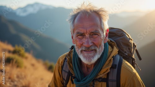 Senior hiker smiling on a mountain