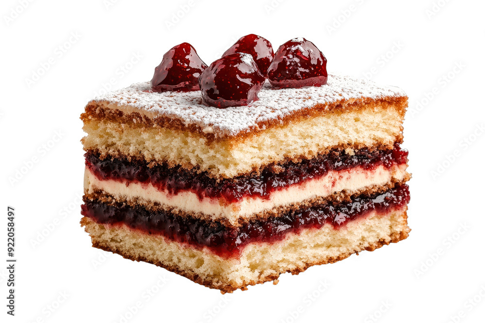 Delicious layered cake topped with cherries and powdered sugar, perfect for desserts and celebrations. Delicious layered cake topped with cherries and powdered sugar, perfect for desserts and celebrations.