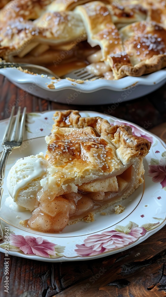 Classic american autumn dessert: apple pie with cinnamon and demerara sugar served on a dark rustic wooden background, top view. AI generated illustration Classic american autumn dessert: apple pie with cinnamon and demerara sugar served on a dark rustic wooden background, top view. AI generated illustration
