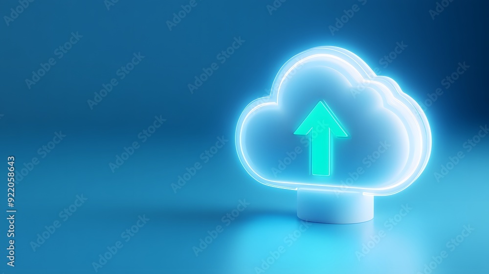 Neon cloud icon with an upward arrow signifying data upload or cloud computing on a blue background. Neon cloud icon with an upward arrow signifying data upload or cloud computing on a blue background.