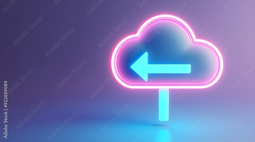 Neon cloud icon with arrow symbol representing data transfer, sync or upload. Concept of digital technology and cloud storage. Neon cloud icon with arrow symbol representing data transfer, sync or upload. Concept of digital technology and cloud storage.