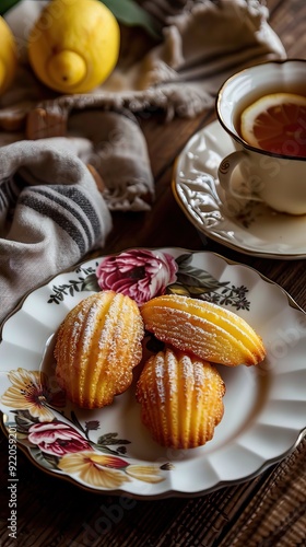 Perfect French madeleine cookies, buttery and delicate, served with cup of coffee. Light gray background. Top view. AI generated illustration