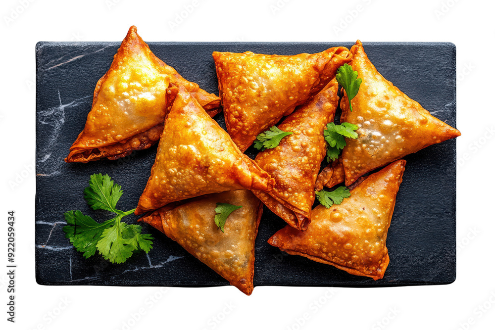 Delicious golden samosas arranged on a slate board, garnished with fresh cilantro, perfect for appetizing recipes and culinary delights. Delicious golden samosas arranged on a slate board, garnished with fresh cilantro, perfect for appetizing recipes and culinary delights.