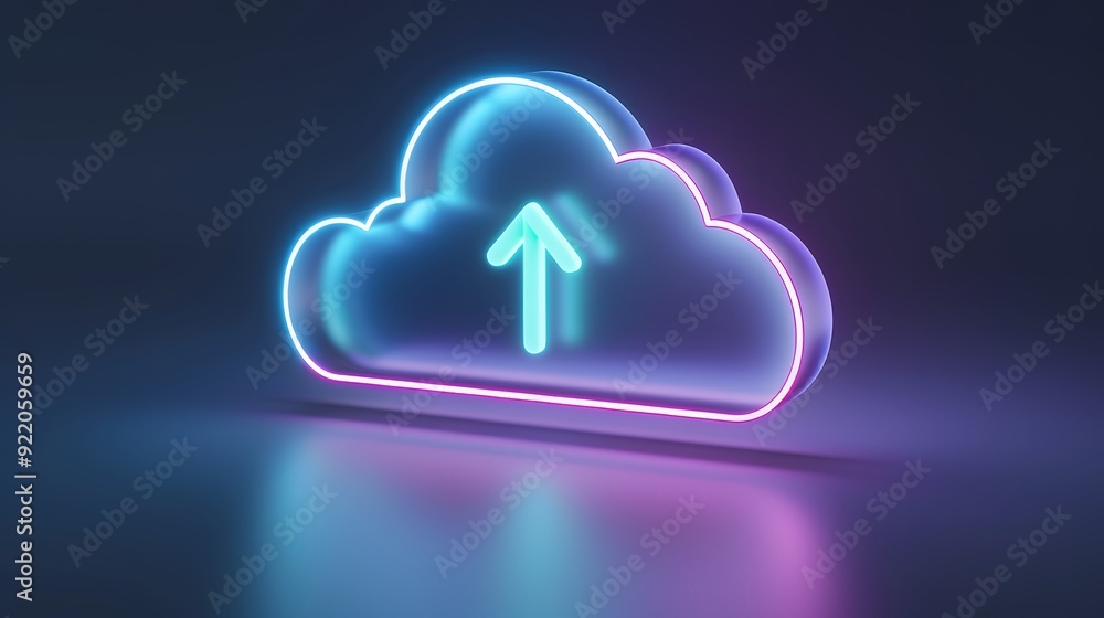 Neon cloud icon with up arrow, symbolizing cloud computing, data upload or storage. Futuristic technology visual. Dark background. Neon cloud icon with up arrow, symbolizing cloud computing, data upload or storage. Futuristic technology visual. Dark background.
