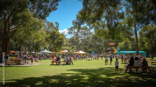 A vibrant community event in a park with live music, food stalls, games for children, and a large barbecue area, with people of all ages participating and enjoying the day together
