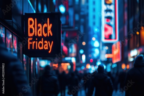 A vibrant neon sign advertising Black Friday draws attention as shoppers crowd the lively street, creating an energetic atmosphere