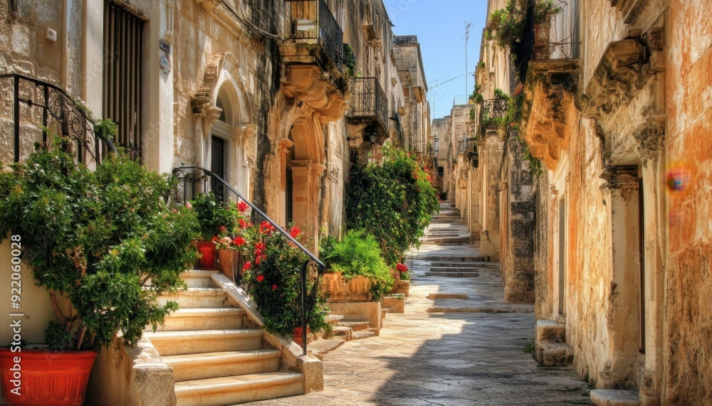 Cobbled alley with flowers and stone architecture in an Italian village on a sunny day Cobbled alley with flowers and stone architecture in an Italian village on a sunny day