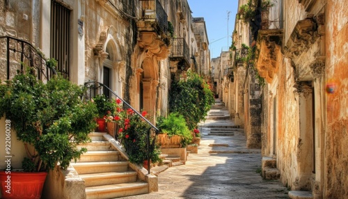 Fototapeta Naklejka Na Ścianę i Meble -  Cobbled alley with flowers and stone architecture in an Italian village on a sunny day
